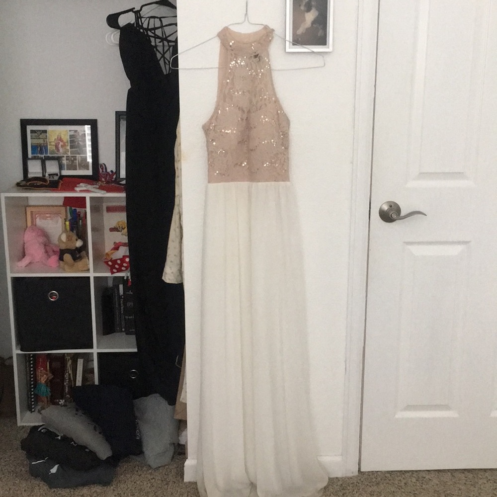 Nude and white prom dress